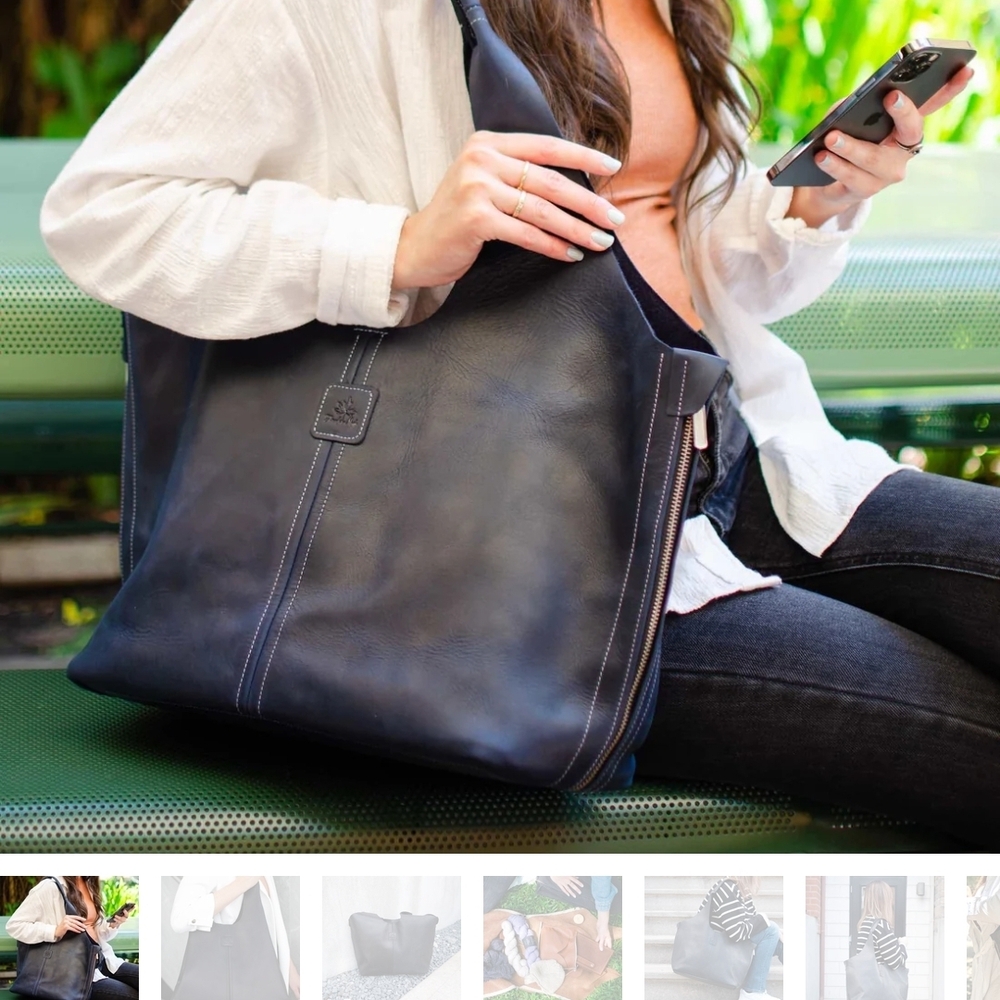 Everyday Black Leather Tote with Contrast Stitching
